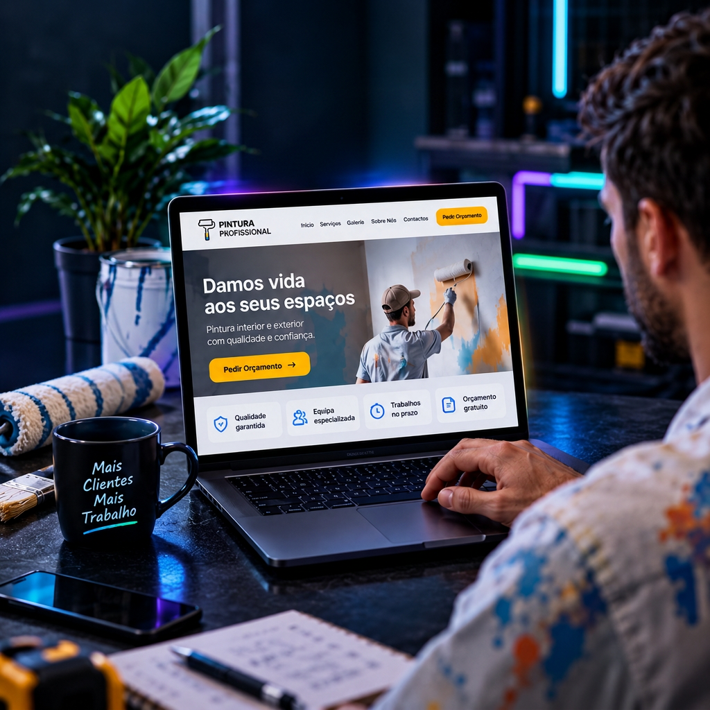 Profissional de pintura a trabalhar num website da empresa num computador portátil